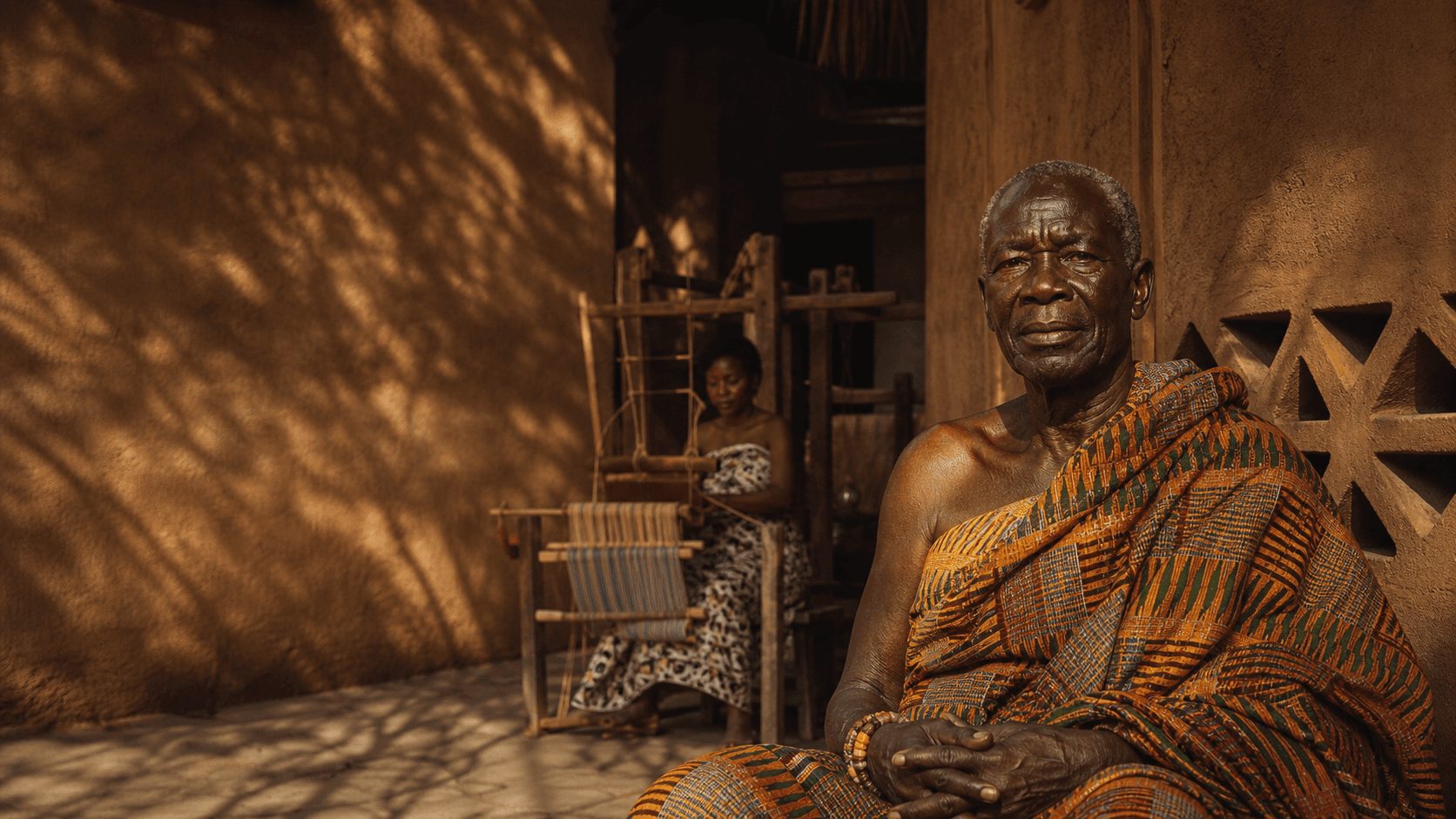 A Ghanaian elder in a traditional courtyard