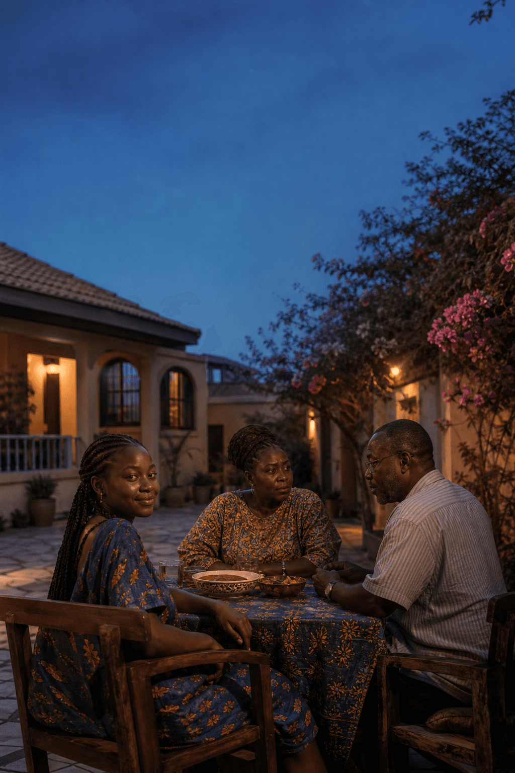 A Ghanaian family gathered in a courtyard at dusk